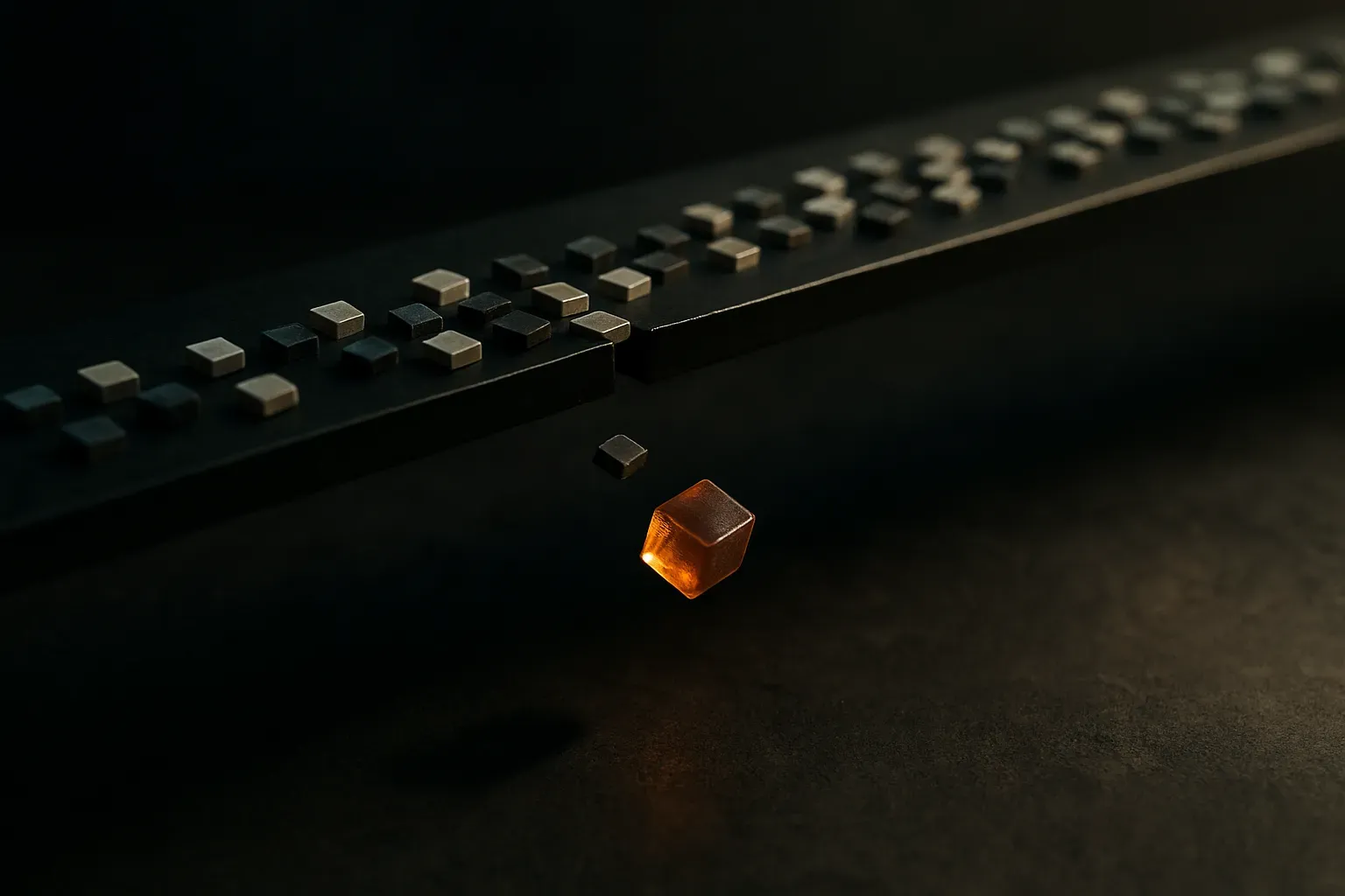 a stream of small fragments flowing along a line, with the very first fragment falling away through a gap while the rest