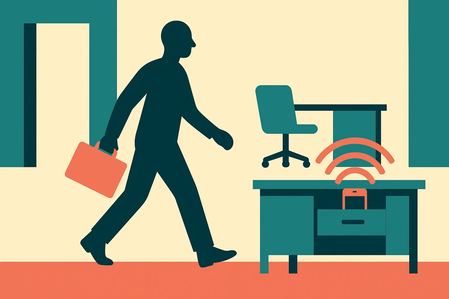 person moving through an office while an invisible signal grows stronger near a hidden phone