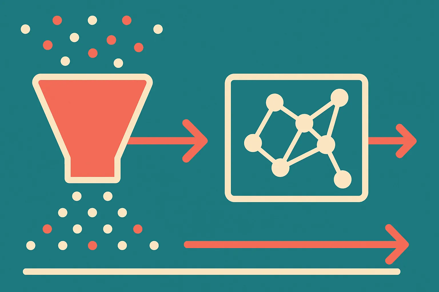two connected modules, one filtering a noisy stream of dots into a clean subset, the other projecting a network of linke