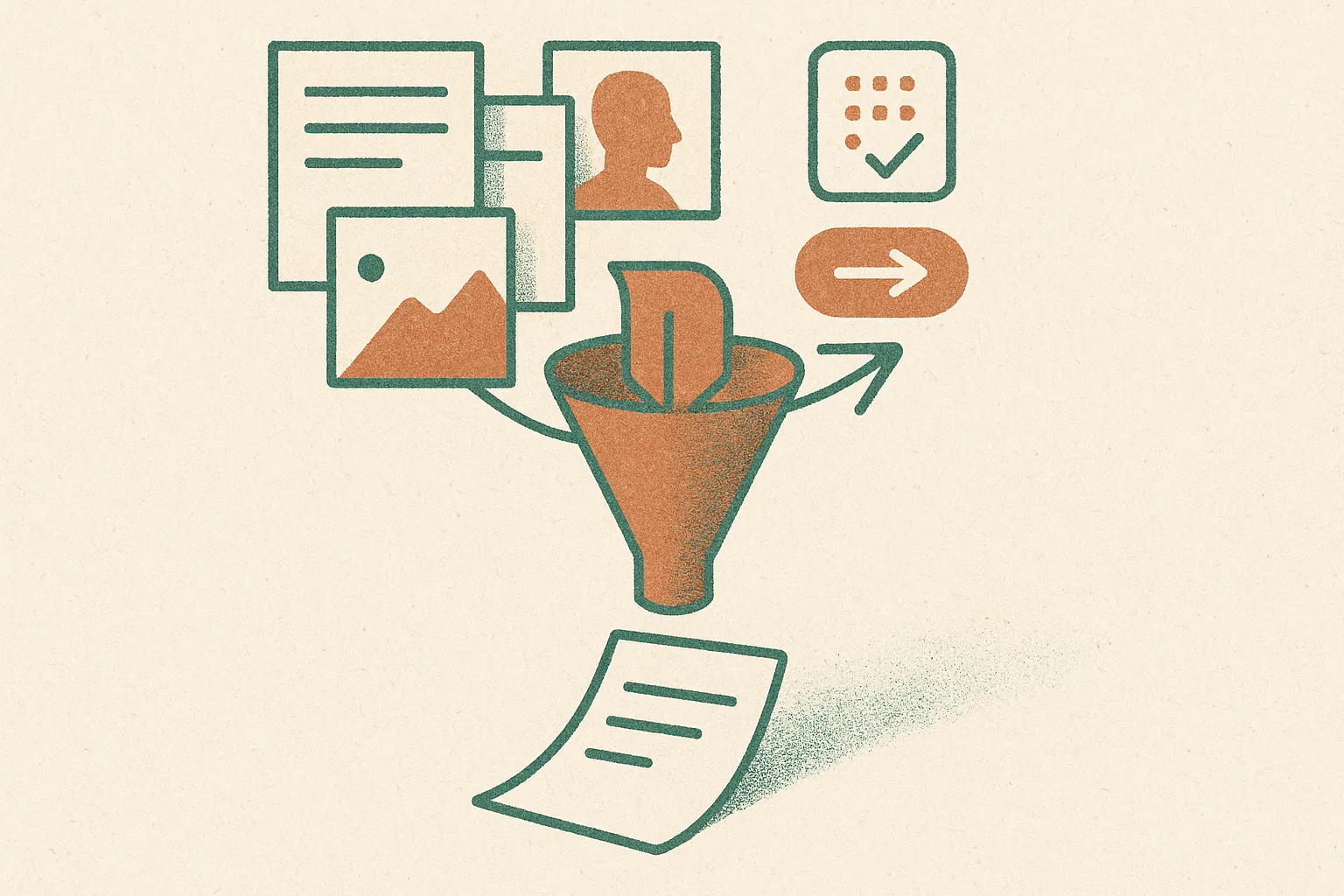 layers of selected documents, memory fragments, tool results, and user intent flowing through a narrow funnel into one m