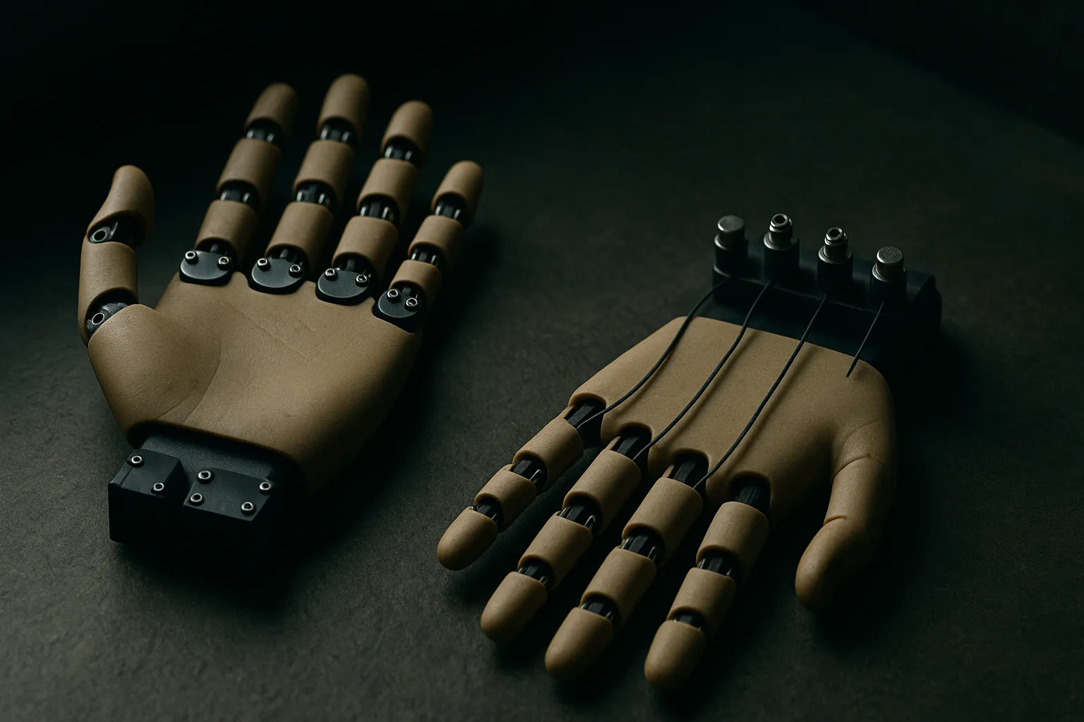 a hand with motors at each joint beside a hand with motors moved to the wrist pulling cables to the fingers, showing few