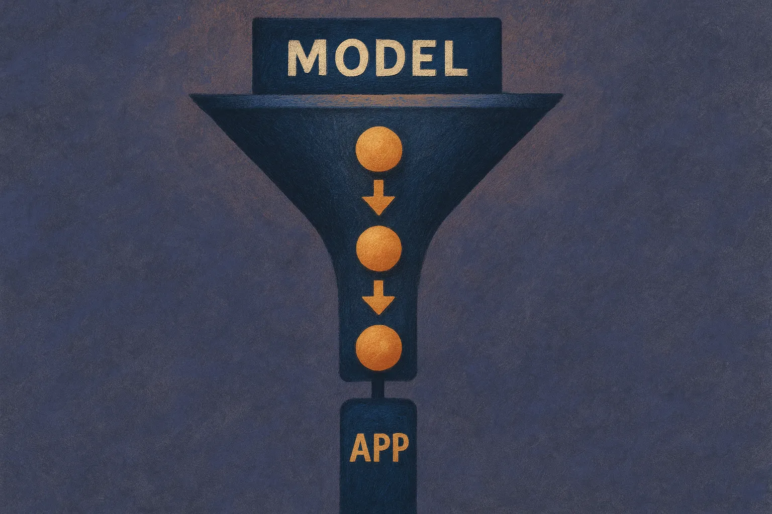 model name appearing at the top of a funnel, passing through verification, evals, and production gates before reaching a