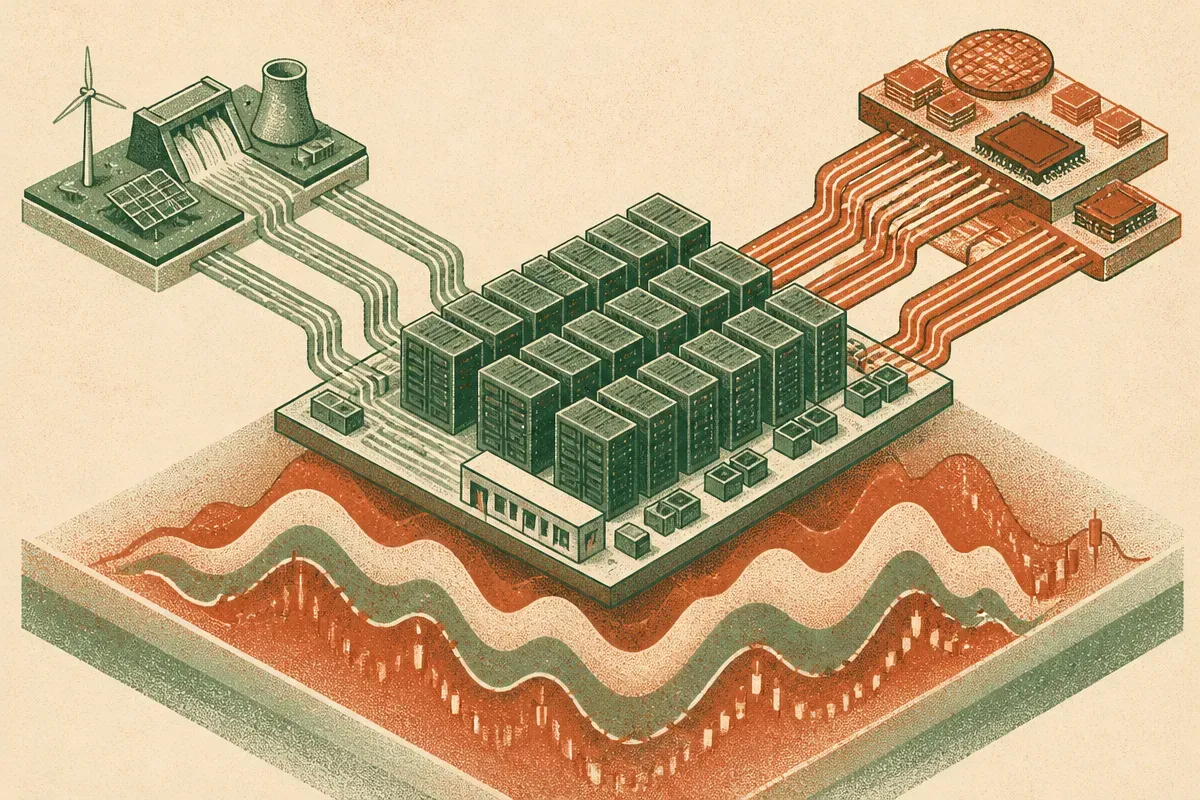 a dense data center fed by branching energy and chip supply streams while market waves ripple underneath
