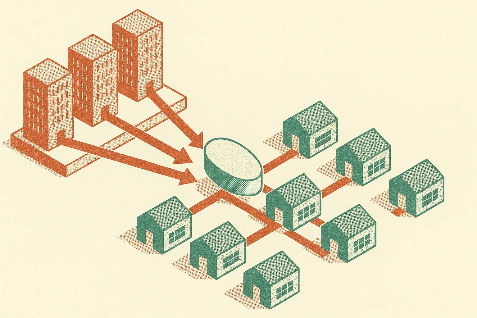 three large private towers feeding many small local workshops, with a shared model-like object moving from the towers in