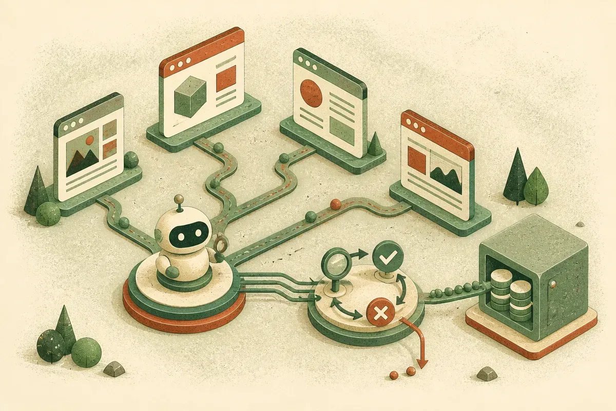 an agent exploring several browser paths while a smaller verification loop filters trusted signals into a reusable evide