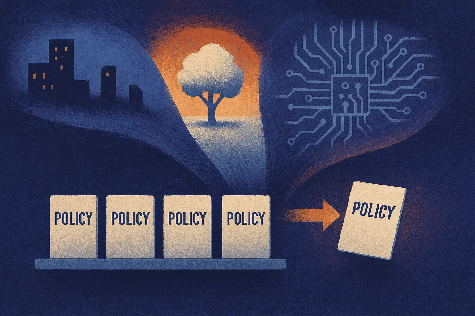several possible environments funneling into a small shelf of prepared policy cards, then one selected card moving towar