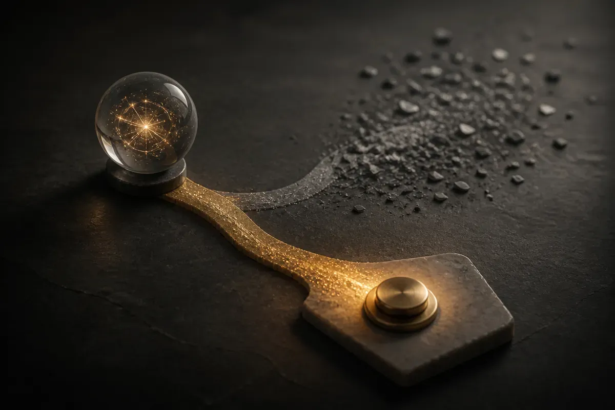 a conversational assistant interface branching into two paths, one path leading to a user action and the other fading in