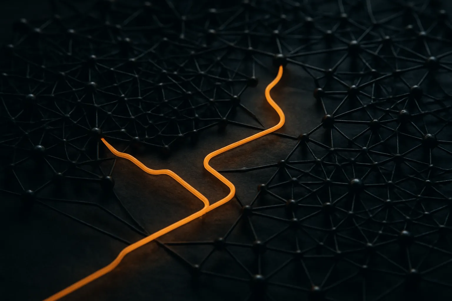 a tangled network of connected nodes, with one highlighted route threading from one cluster to another through a maze-li
