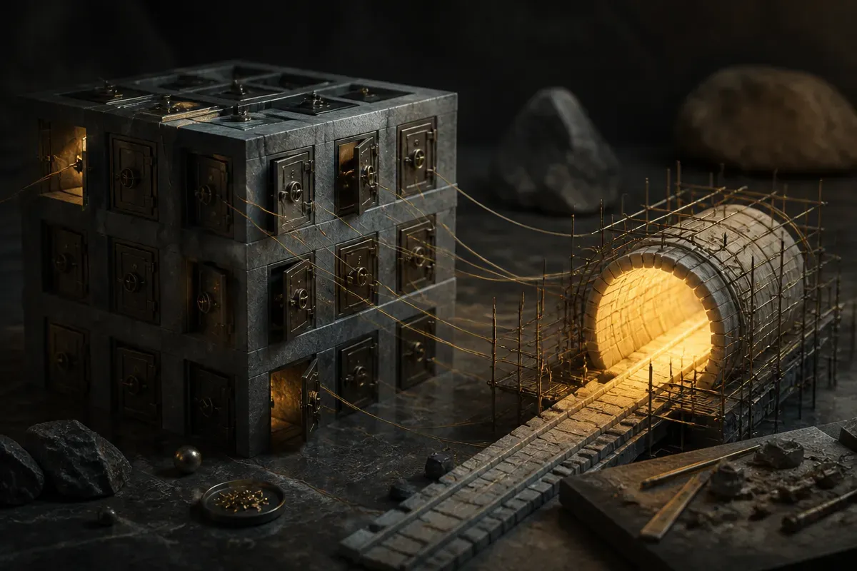 a layered vault with many connected doors, one bright escape tunnel under construction beside it