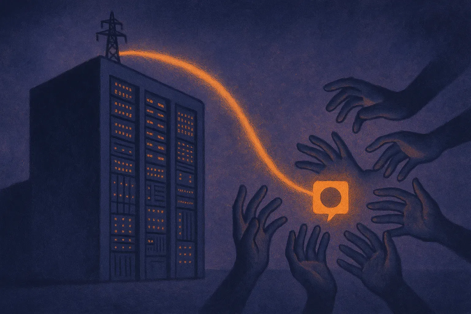 a large national supercomputer facility feeding energy into a small shared open object that many hands reach toward