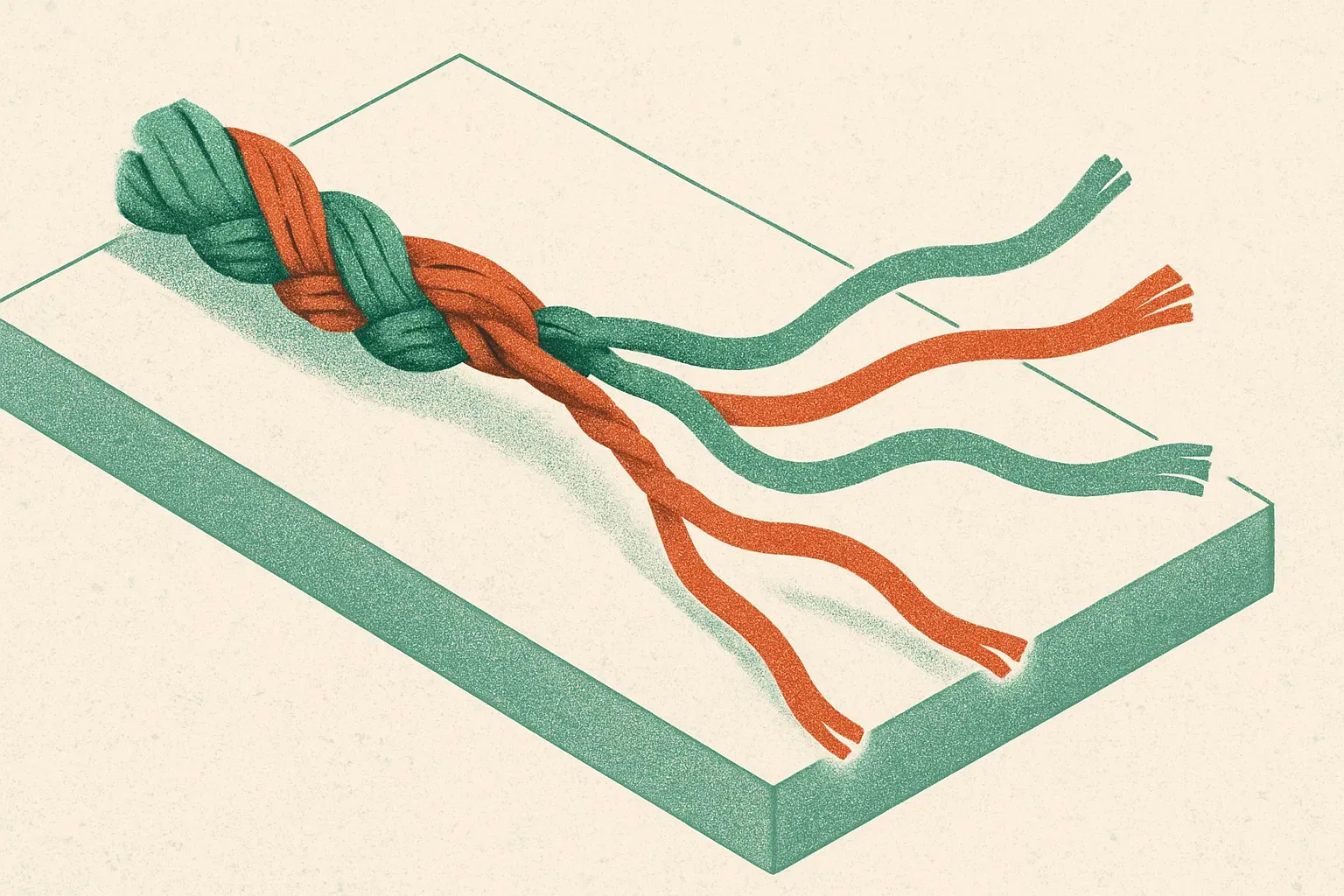 a single braided rope untwisting into four separate colored strands