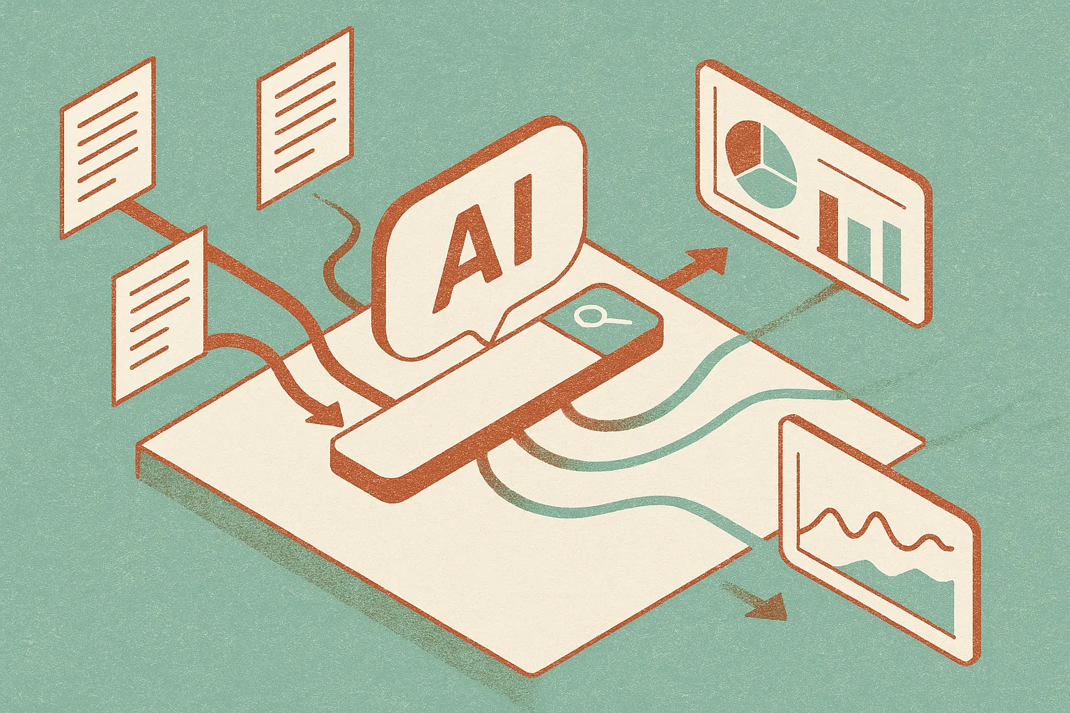 publisher pages feeding into an AI answer surface while some paths return to analytics dashboards and others fade out