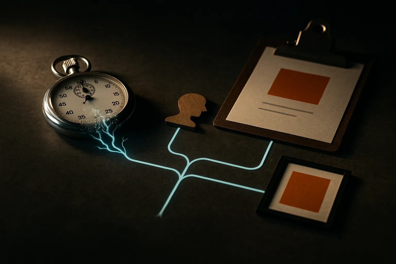 stopwatch dissolving into a branching workflow that ends with human review and polished campaign assets