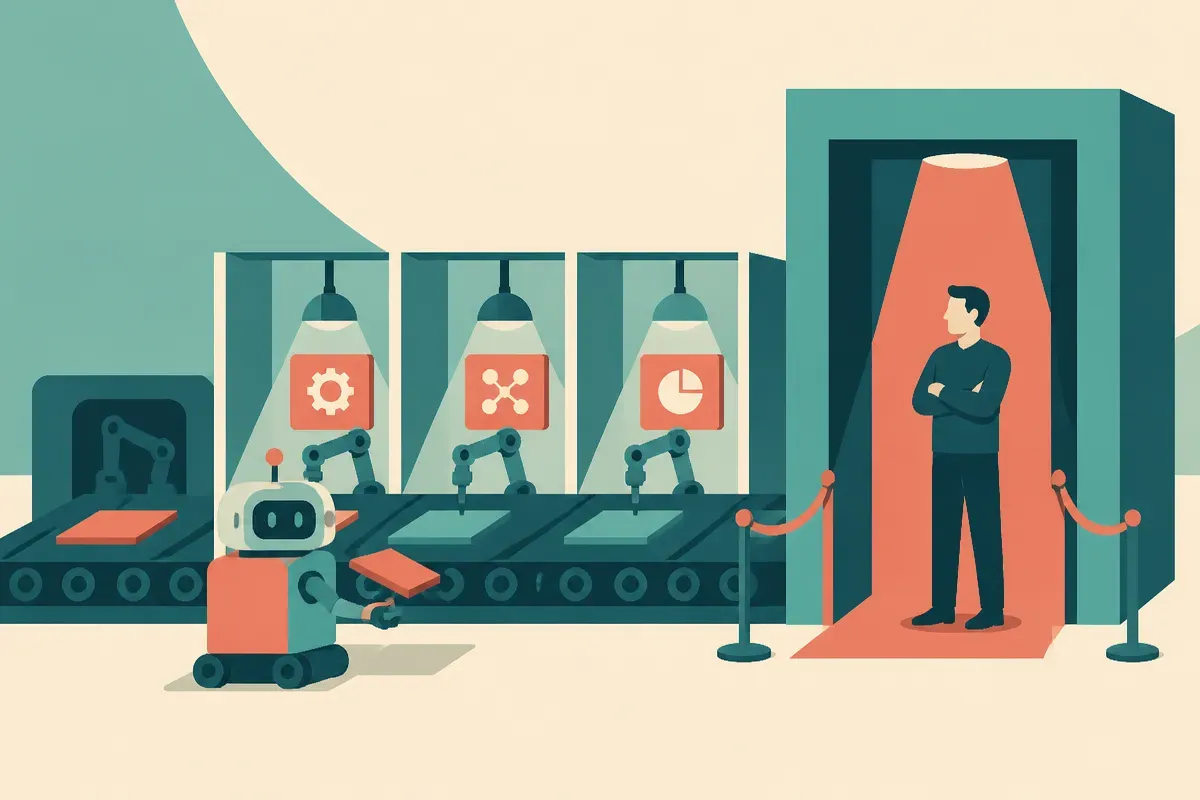 an assembly line where a small helper machine improves internal workstations, while a larger customer-facing doorway rem