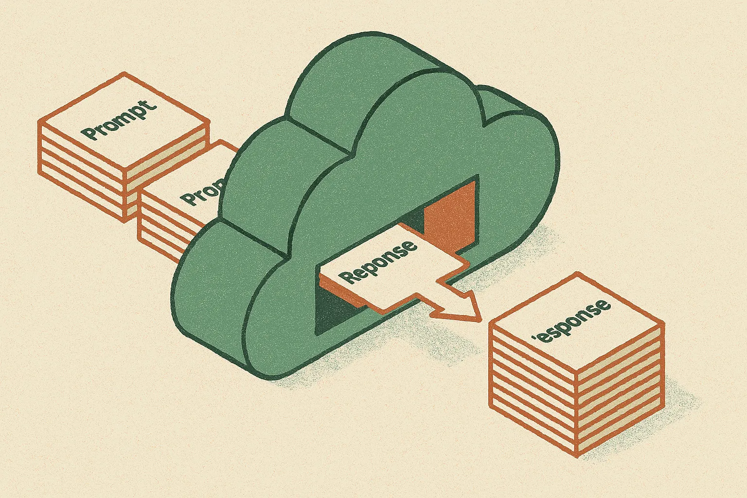identical prompt cards entering a shared cloud-shaped machine and emerging as differently ordered stacks of response car