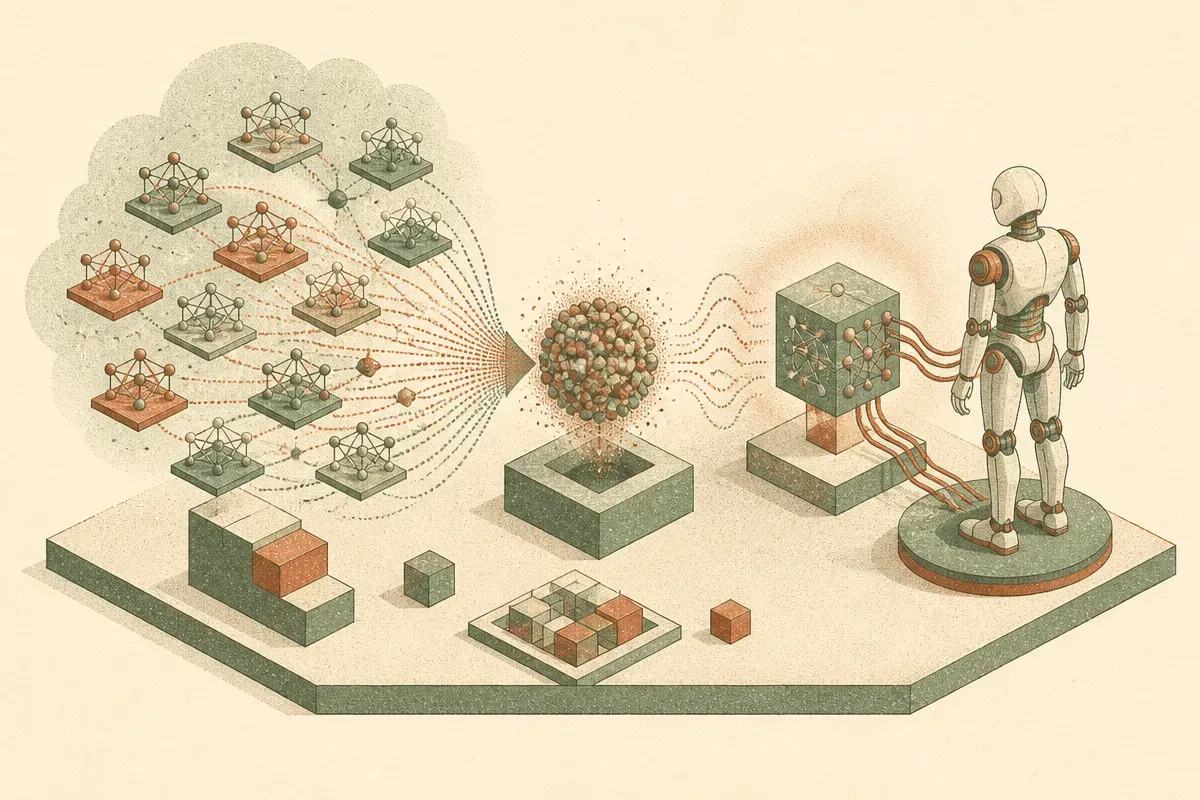 a cloud of many small neural networks compressed into a dense latent cluster, with a diffusion process forming a new con
