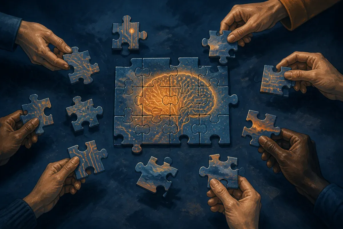 scattered puzzle pieces held by separate hands, only a few of which fit the final picture, the rest looking similar but 