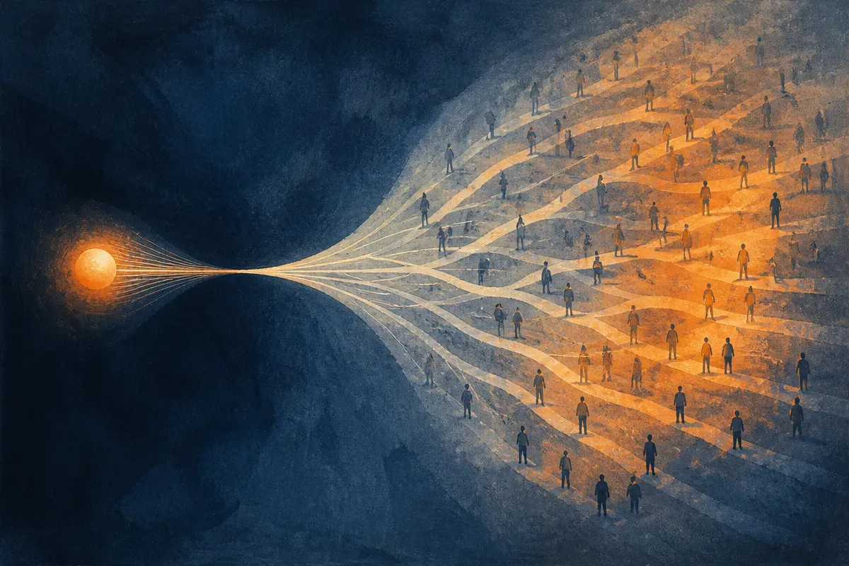 a narrow funnel widening into a crowded field, where one input splits into many downstream paths that each need attentio