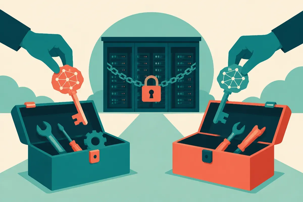 two developer toolboxes receiving new model-shaped keys while a locked server room sits in the background