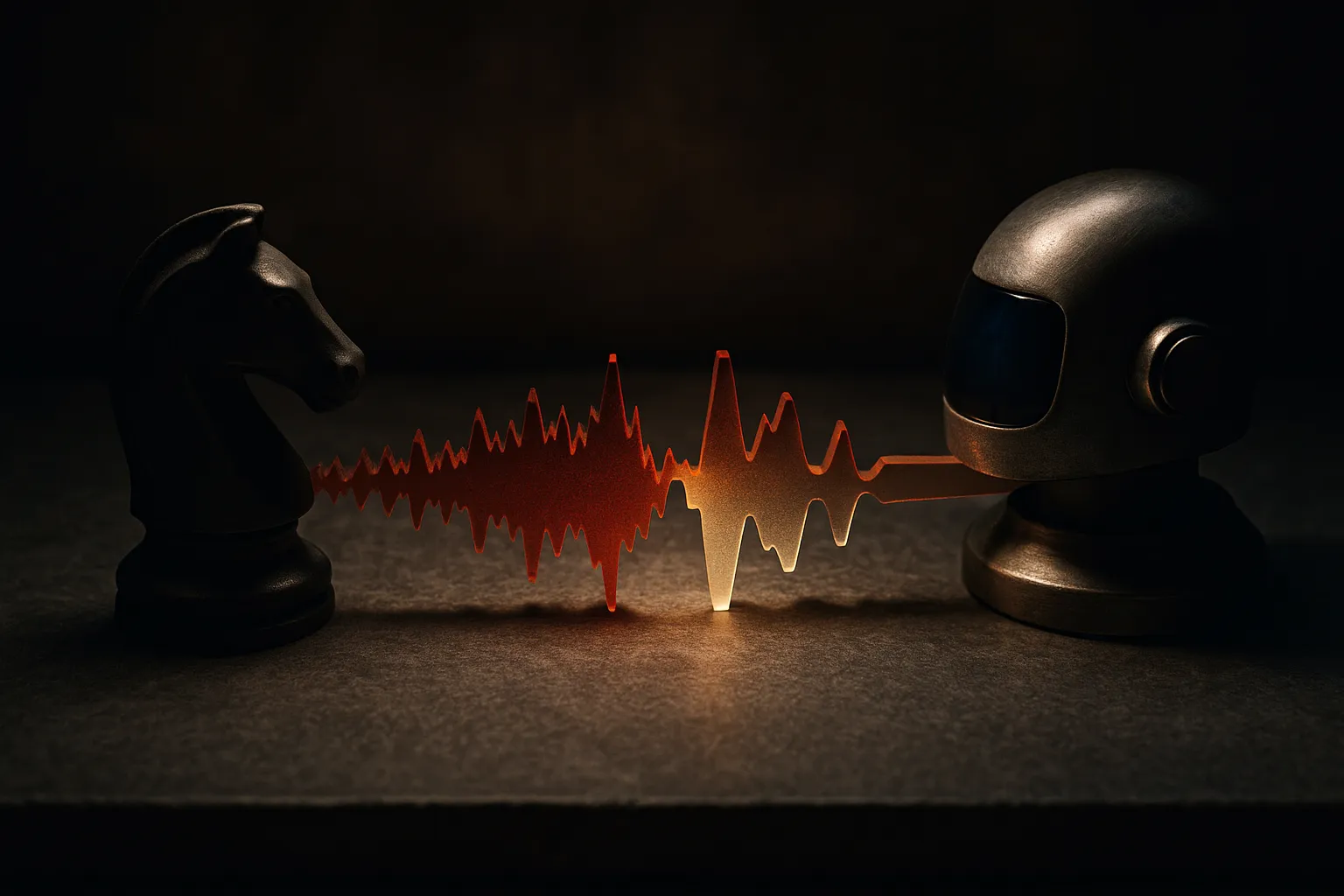 two agents facing off across a table, a jagged noisy signal slowly settling into a clear gap between them