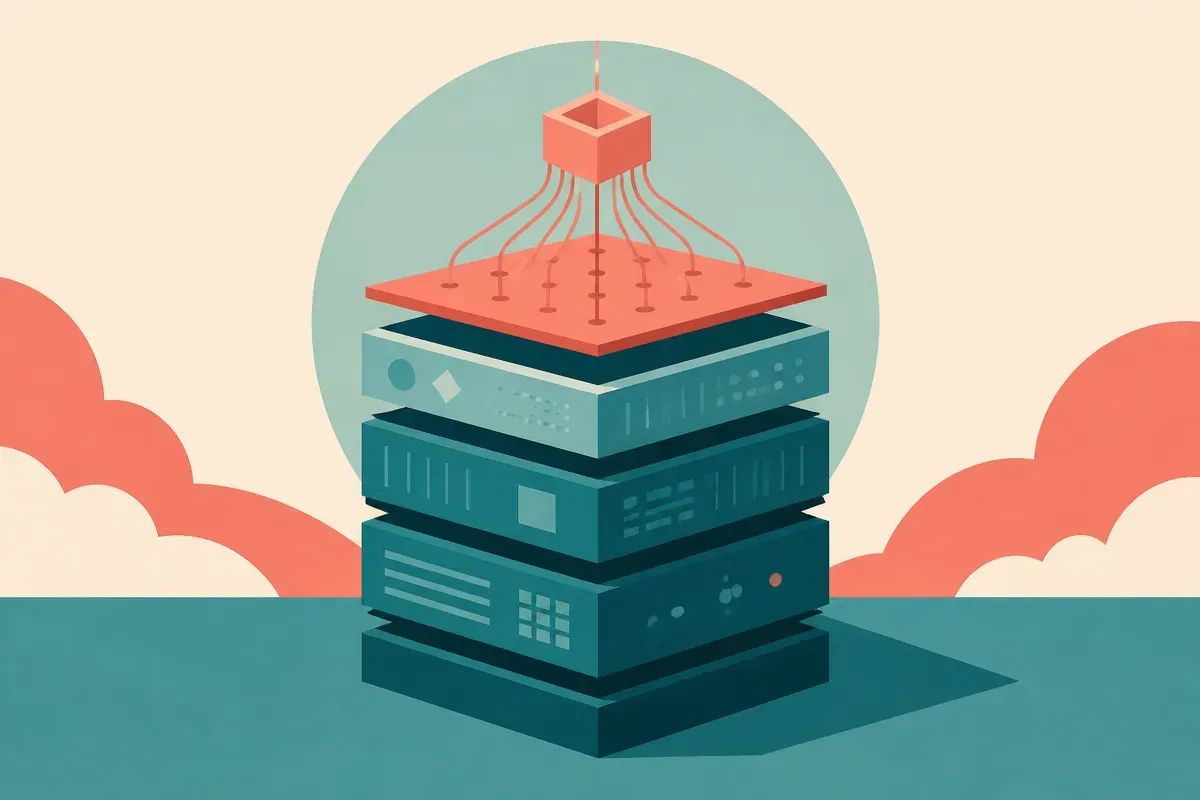 a tall stack where the bottom layers are solid and dominant and the thin top layer is a small open component feeding the