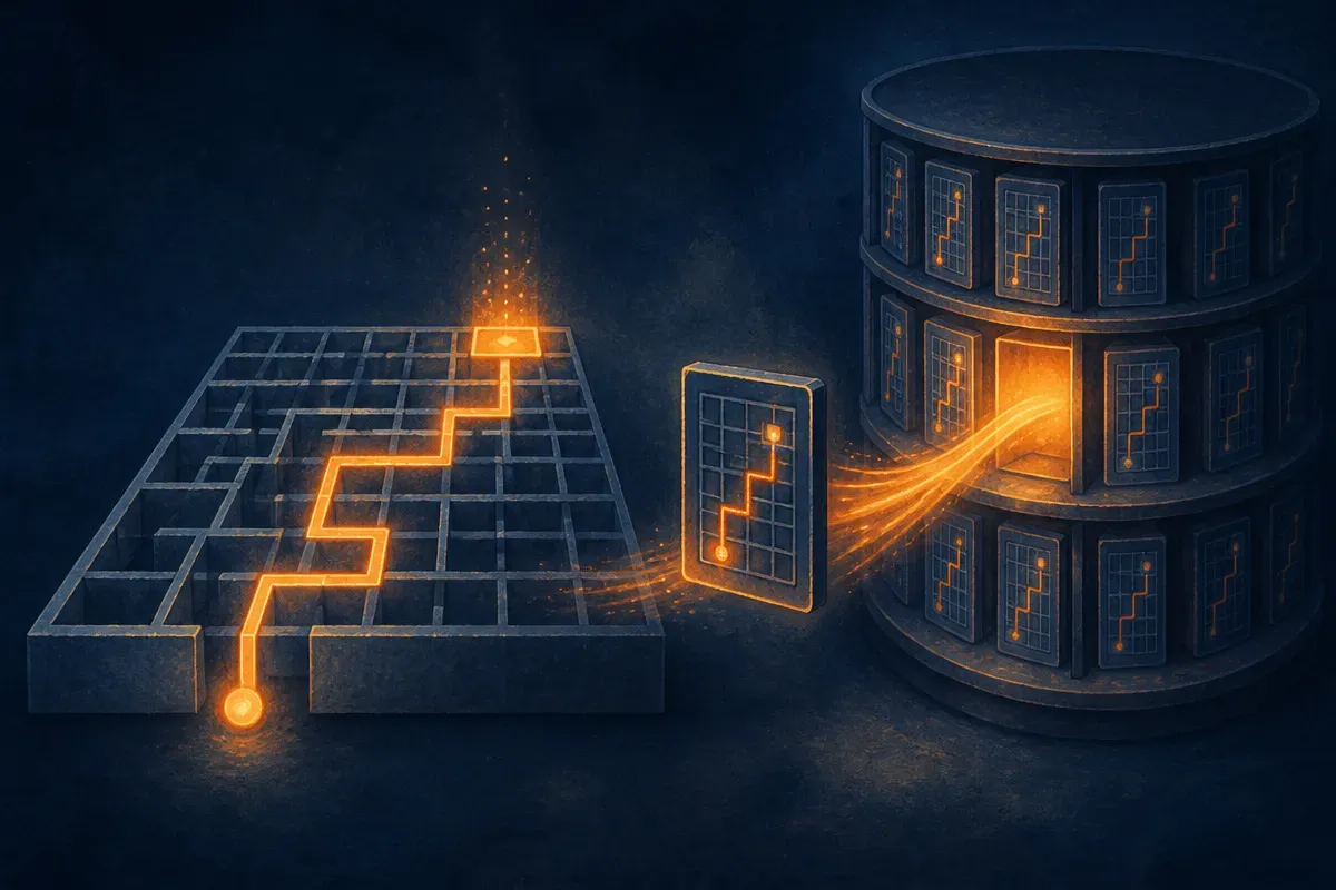 a successful path through a grid being captured as a small visual card that feeds back into a growing library