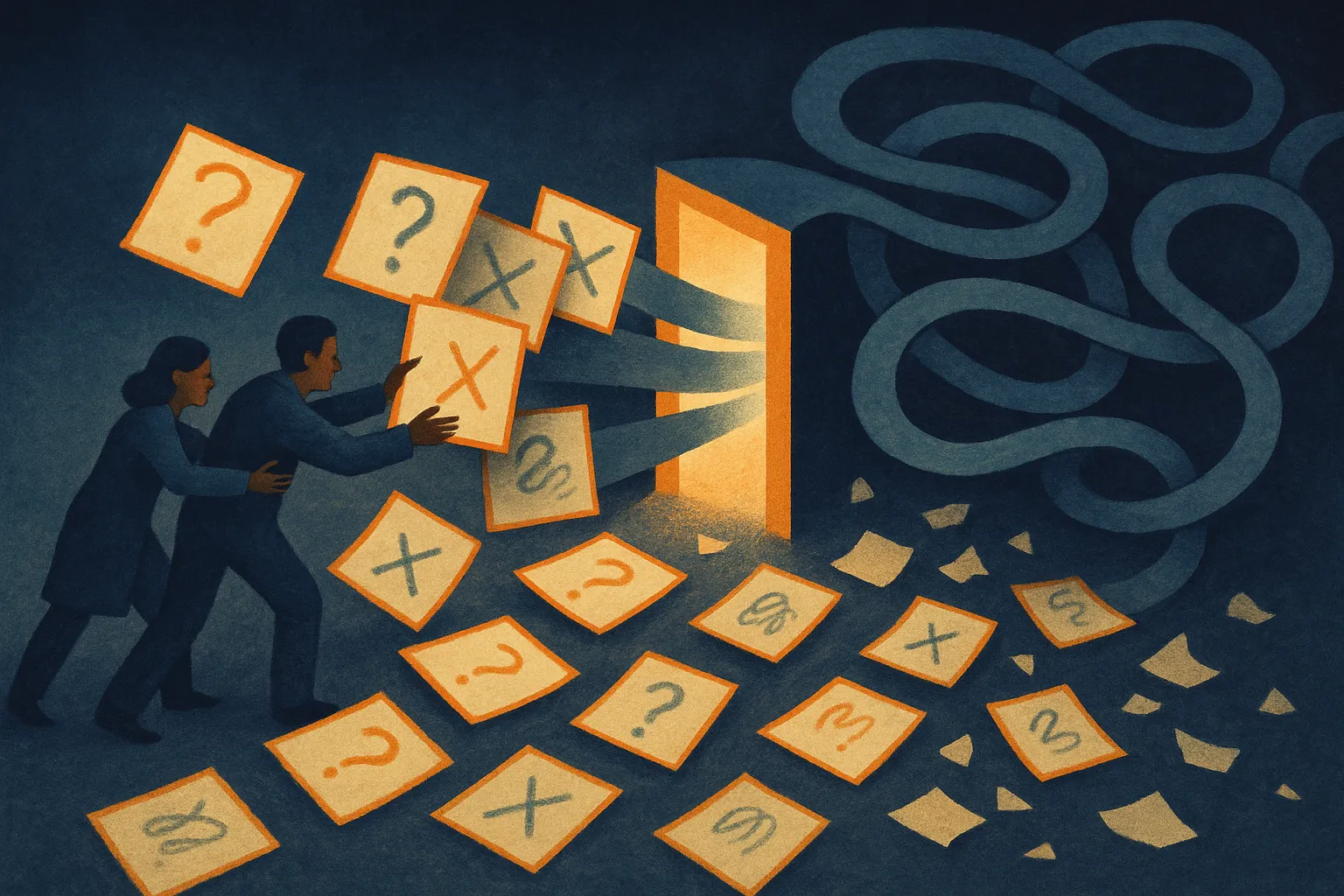 researchers feeding many rough hypotheses into a narrow compute gateway that opens into several looping experiment paths