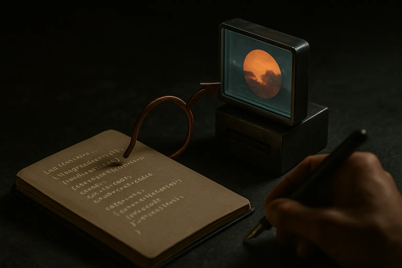 an agent writing code into a small machine, the machine producing an image, and the image looping back into the agent fo