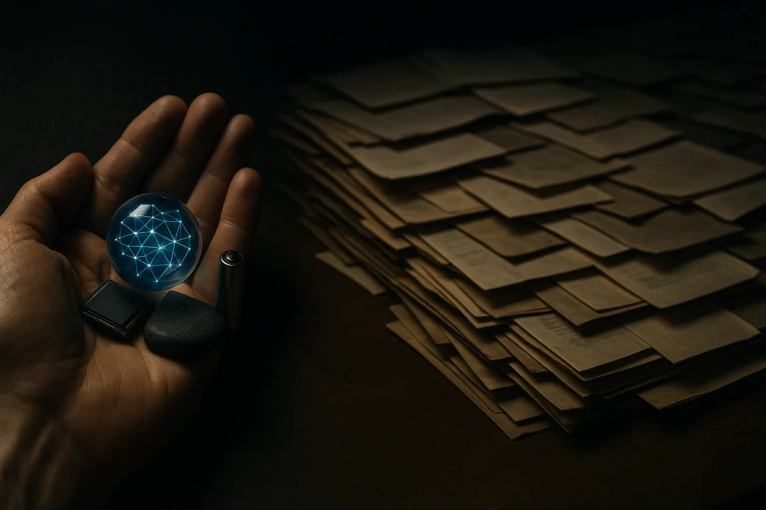 a small cluster of items held in cupped hands beside a very large flat surface covered in loose papers