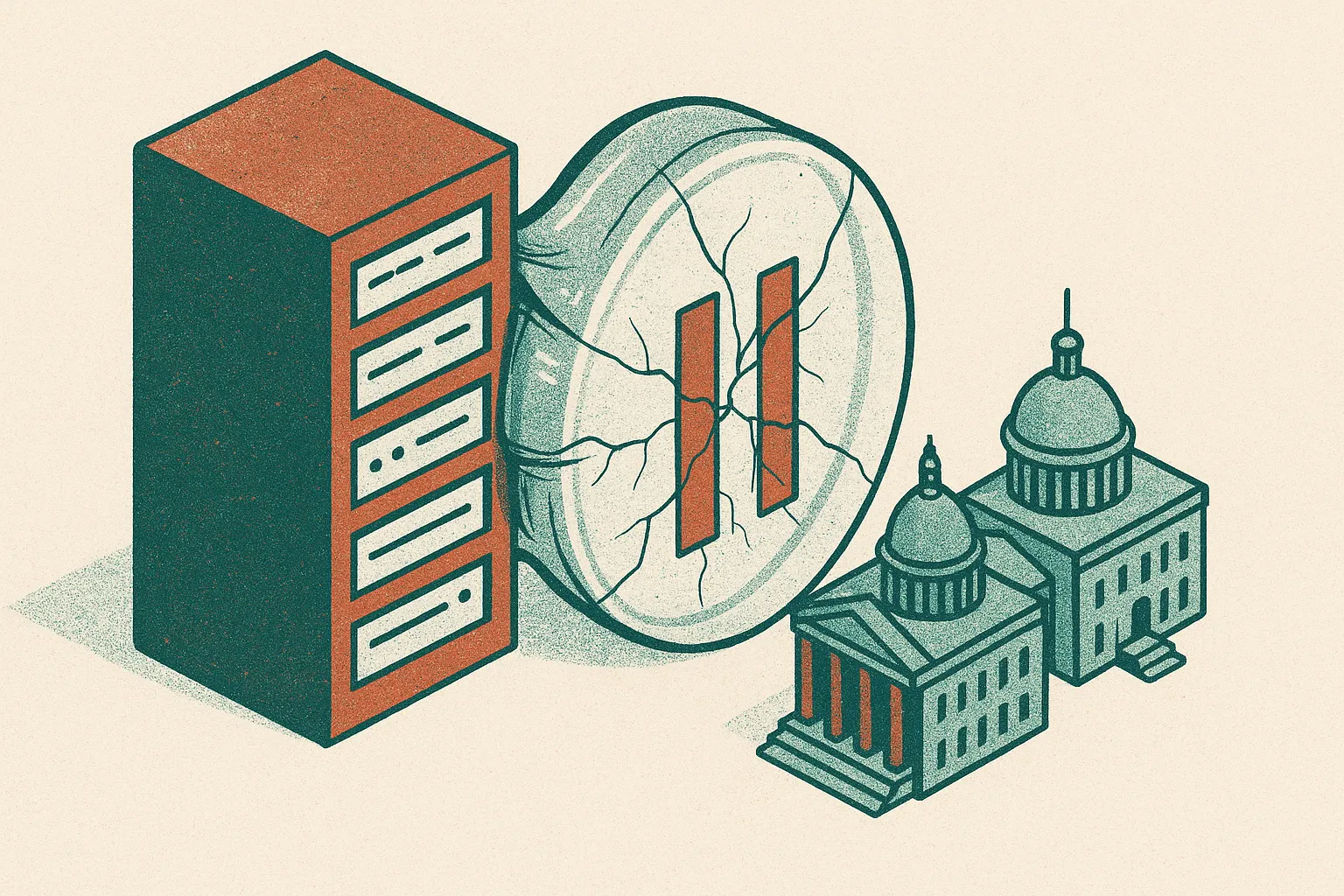 a fragile glass pause button being squeezed from one side by stacked server racks and from the other by two distant gove