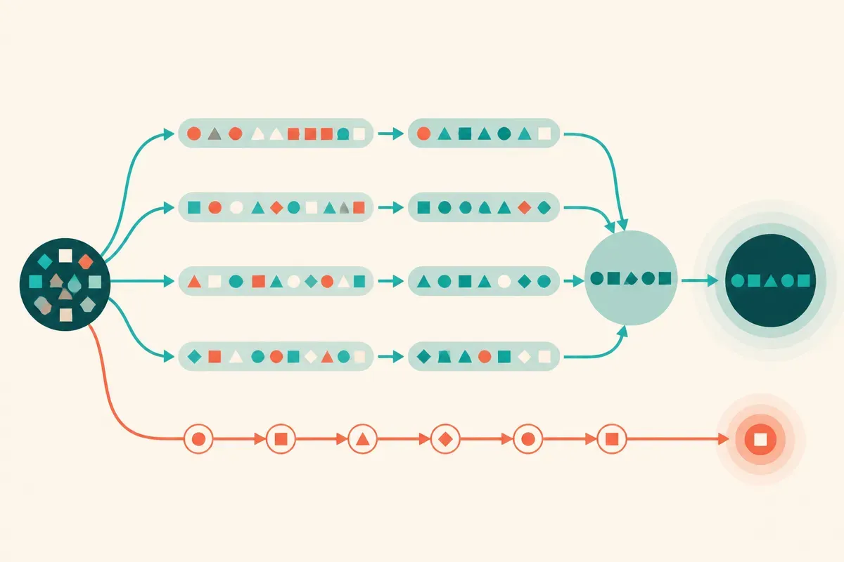 parallel token refinement converging across repeated passes beside a single-token chain