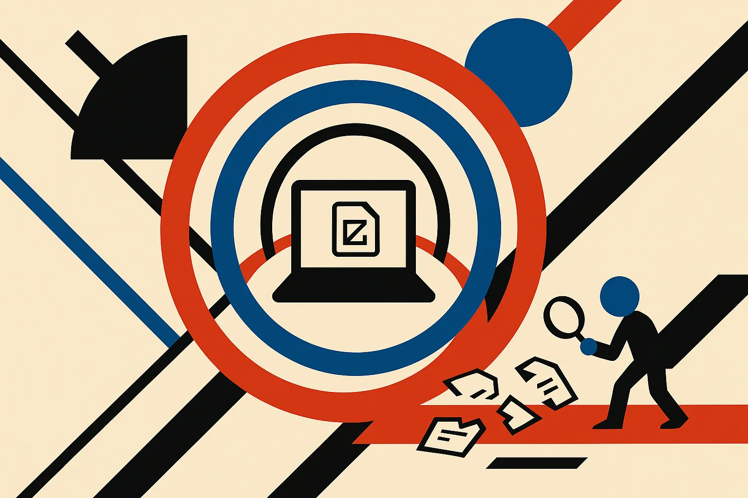 an isolated laptop surrounded by three protective layers while a small assistant examines scattered file fragments outsi