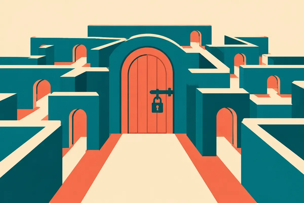 a single locked door with many small side passages branching around it, some open