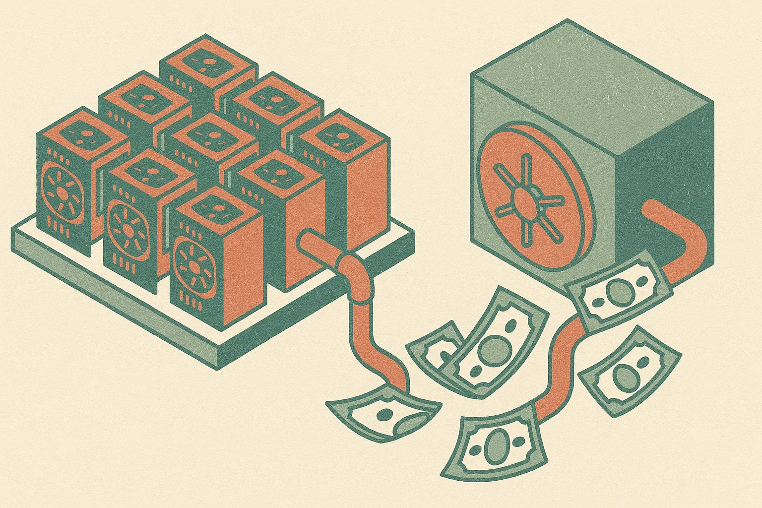 rows of GPU servers feeding into a lending vault, with cash flowing back toward new servers