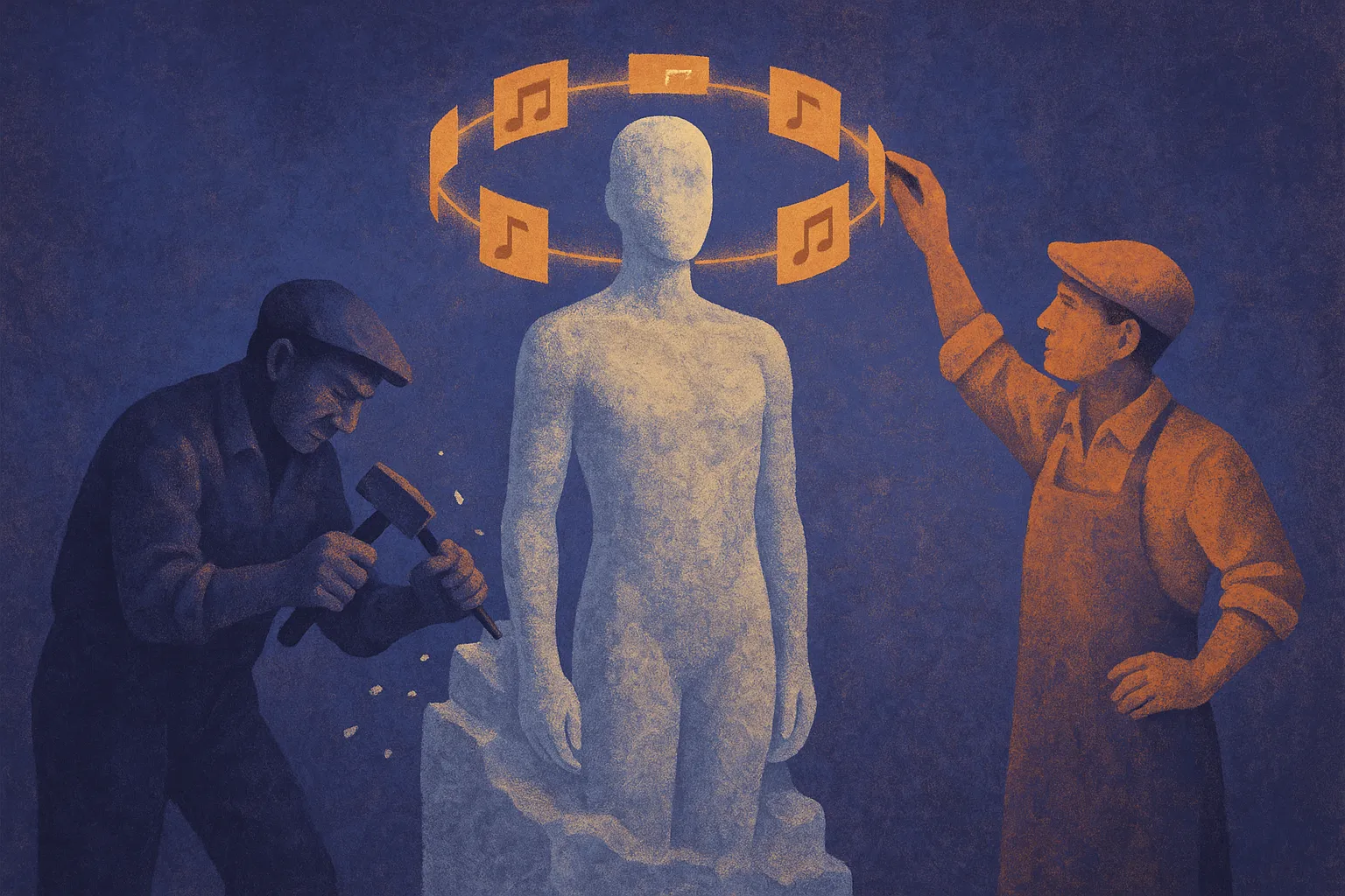 two sculptors shaping the same figure, one carving the stone body itself and one arranging a ring of floating notes arou