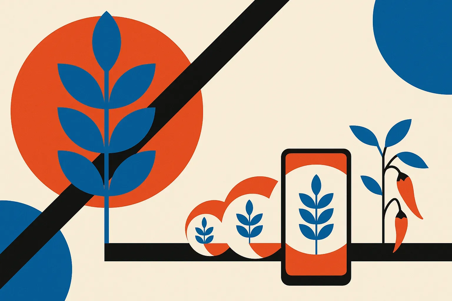 large plant image model narrowing through three shrinking stages into a small phone beside chilli plants