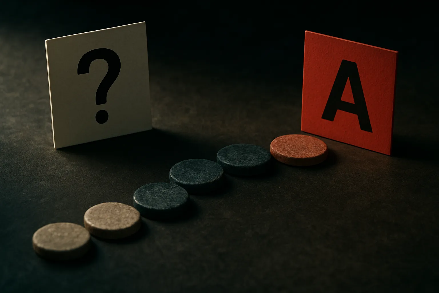 a question and its answer separated by a chain of stepping stones, where the middle stones are a different color from bo