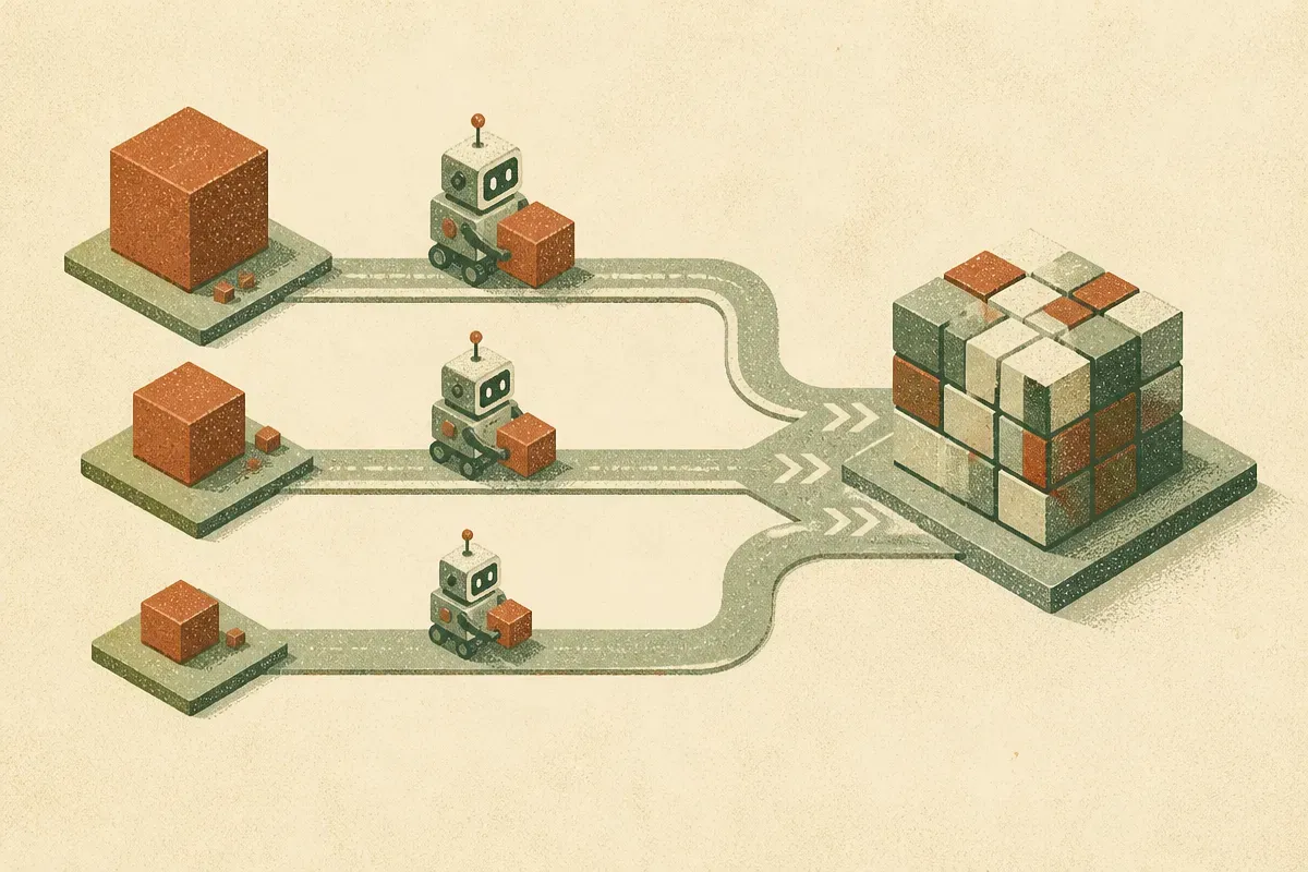 three differently sized coding tasks flowing through three agent paths into one shared codebase