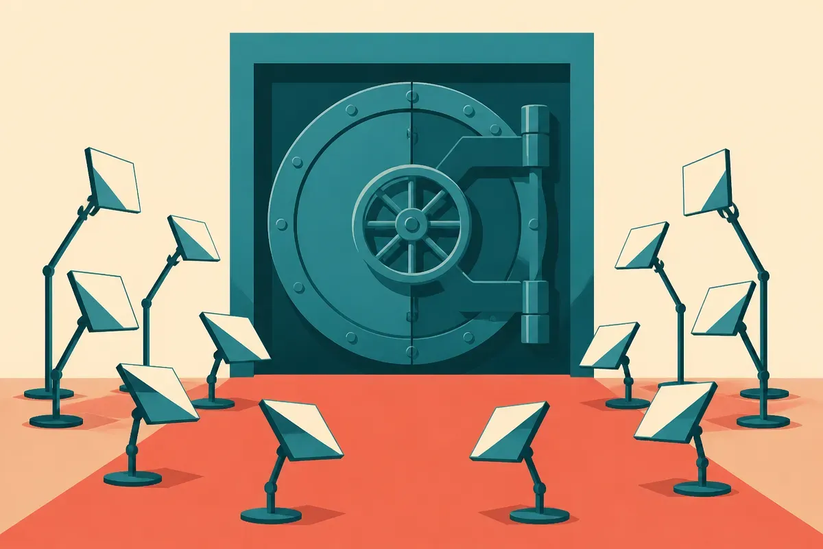 a locked vault labeled nothing with many small synthetic mirrors pointing at it from outside