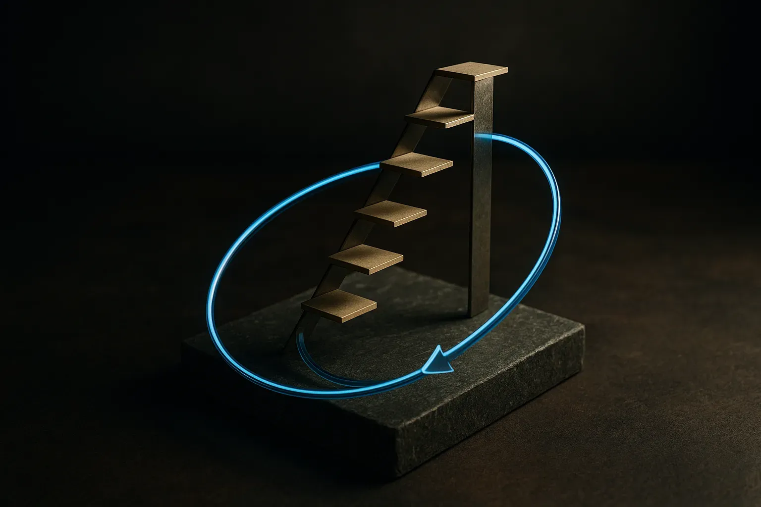 a ladder of ascending steps, each step feeding back into the one below it in a widening loop