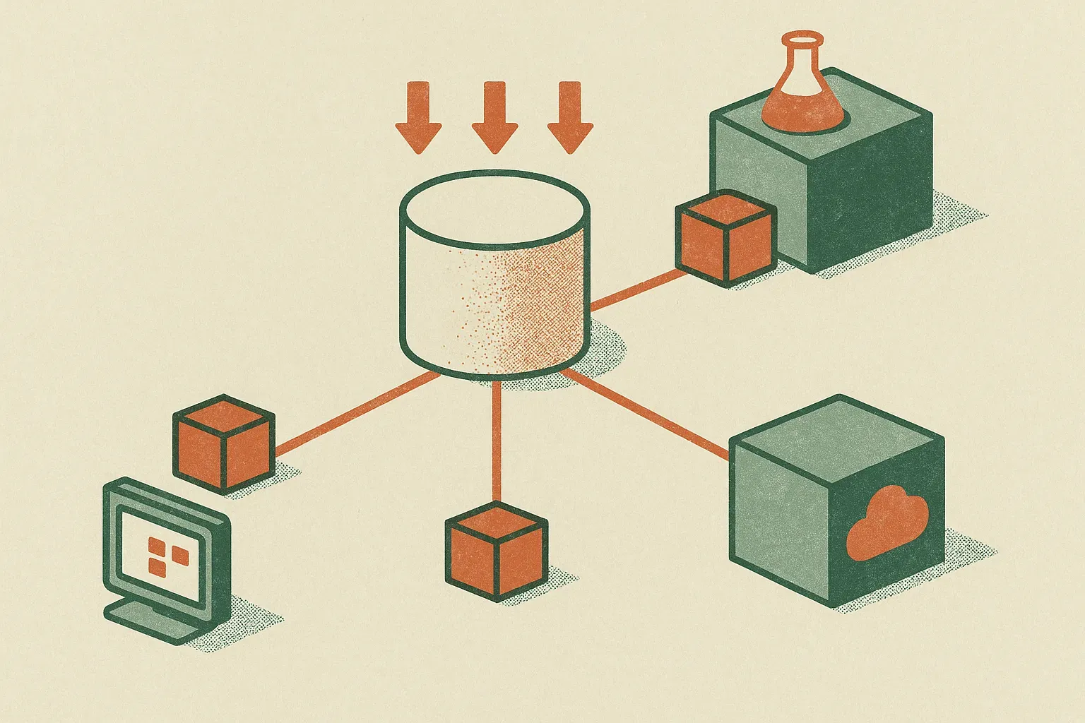 central hub distributing scarce compute blocks outward to model labs, cloud providers, and application builders