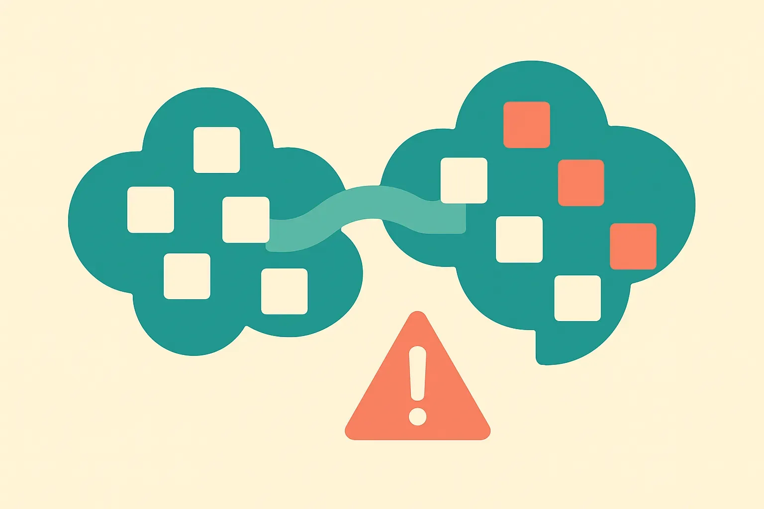 two uneven clouds of samples partially overlapping, with a soft bridge connecting them and a separate error signal emerg