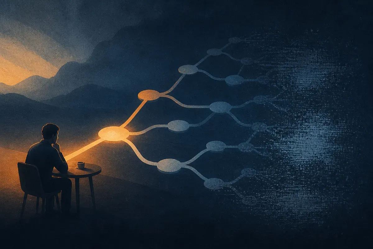 branching tool-use conversation with one decision point glowing while later branches fade into noise