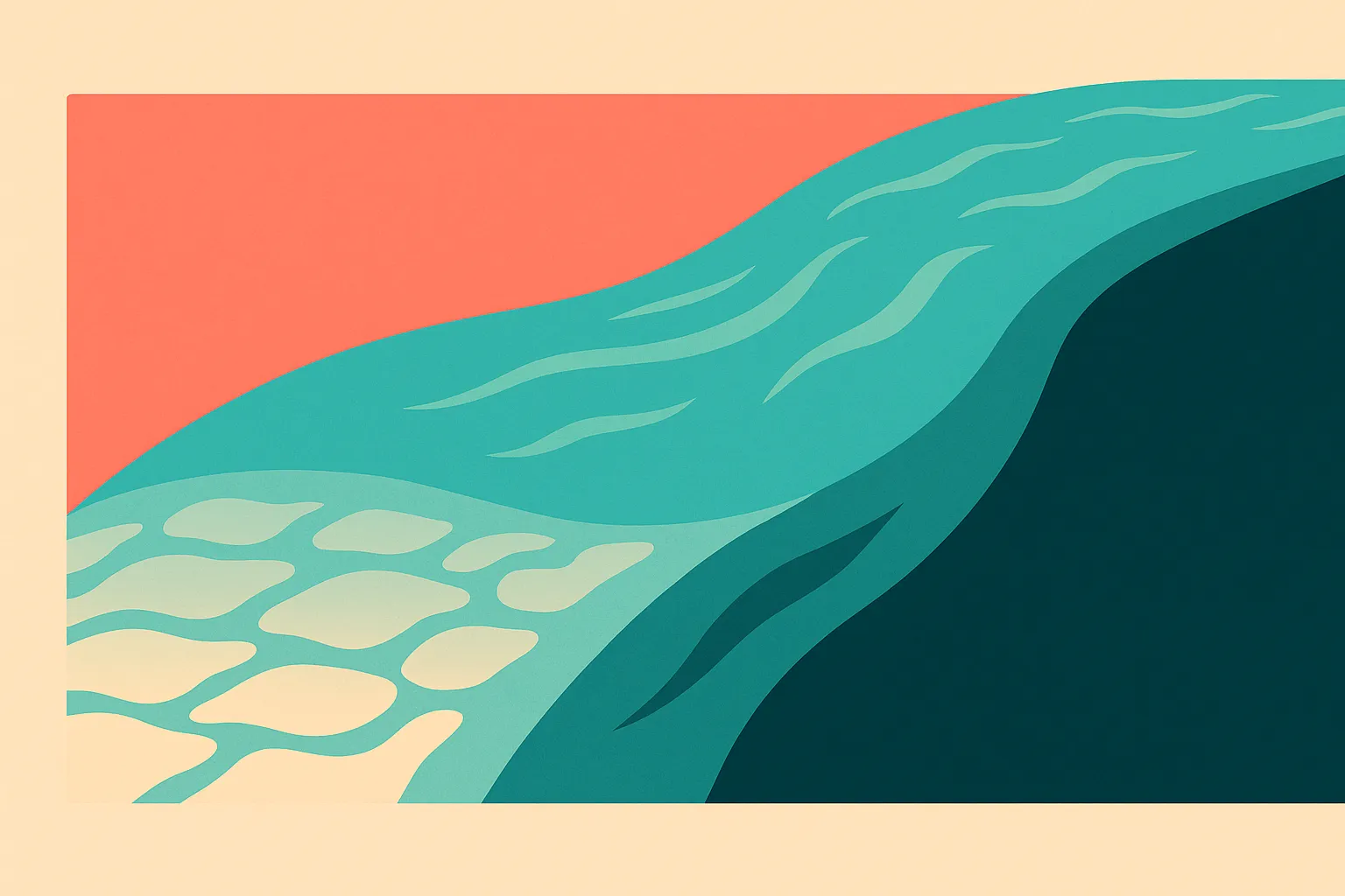 a smooth flowing river on the surface with a shallow visible bottom just beneath, contrasted with a deep dark channel al