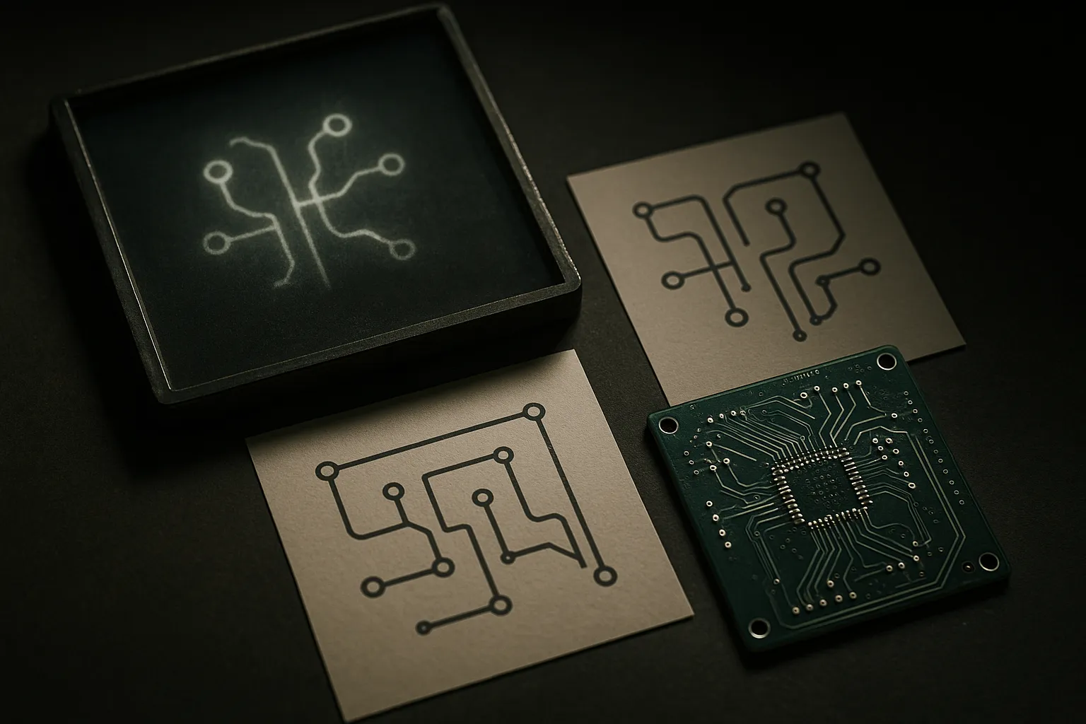 three layers of a circuit board workflow flowing from fuzzy intent to structured layout to physical manufactured board