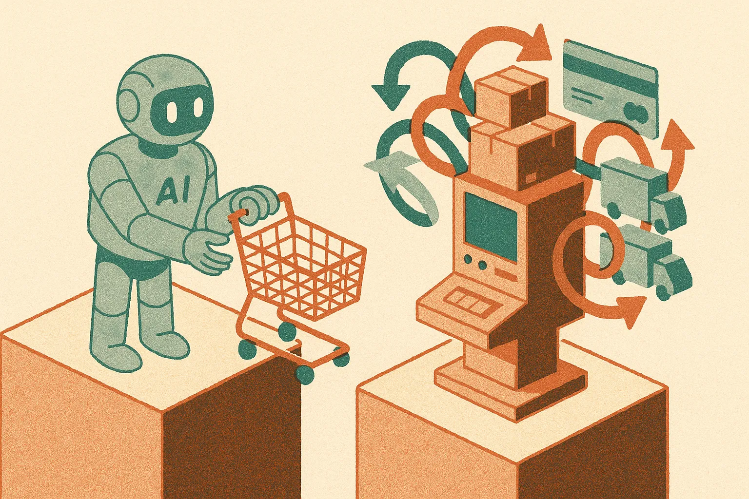 an AI assistant handing a shopping cart across a gap to a complex checkout machine with inventory boxes, payment cards, 
