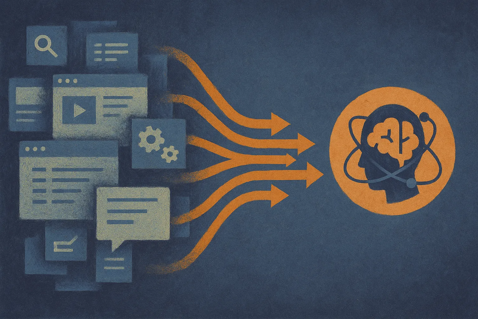 messy overlapping desktop actions separating into distinct task paths that feed into reusable agent skills