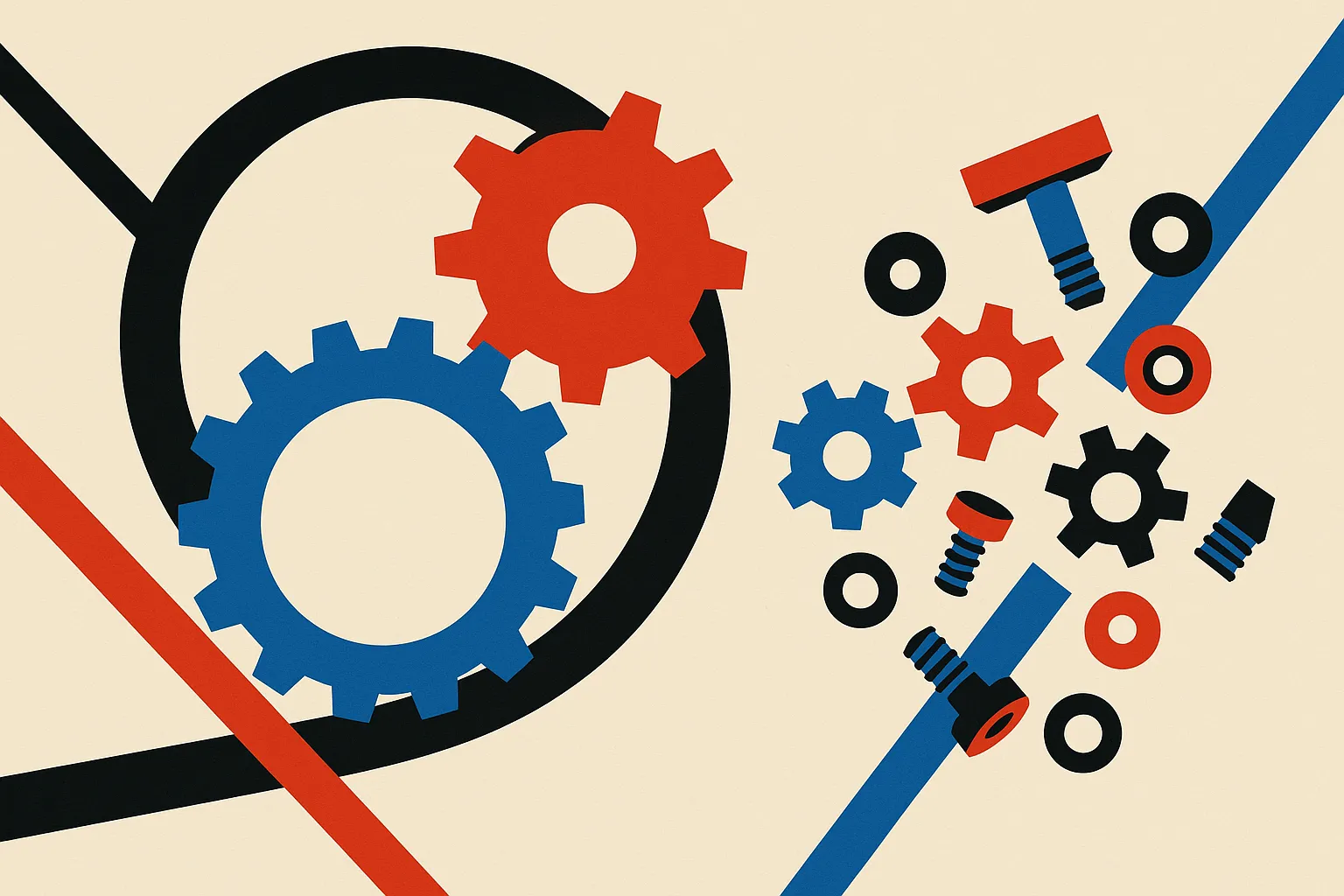 a single loop where one gear drives a slightly larger gear that drives a larger one still, contrasted against a separate