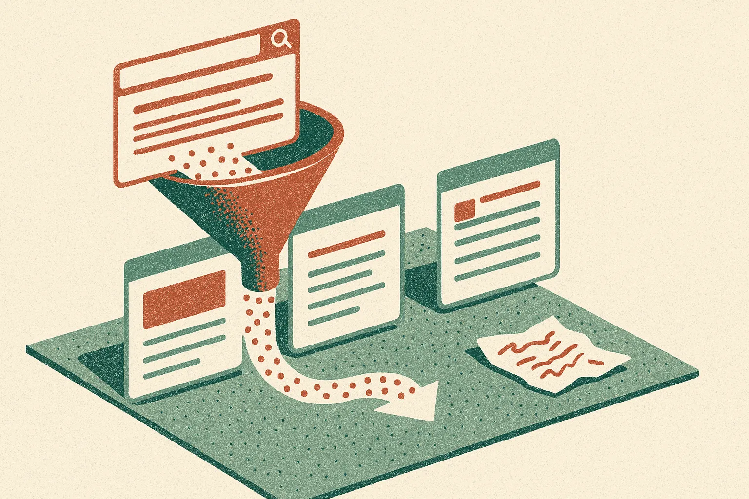 search results flowing through a filter into generated answer panels, publisher pages, forum threads, and discarded low-