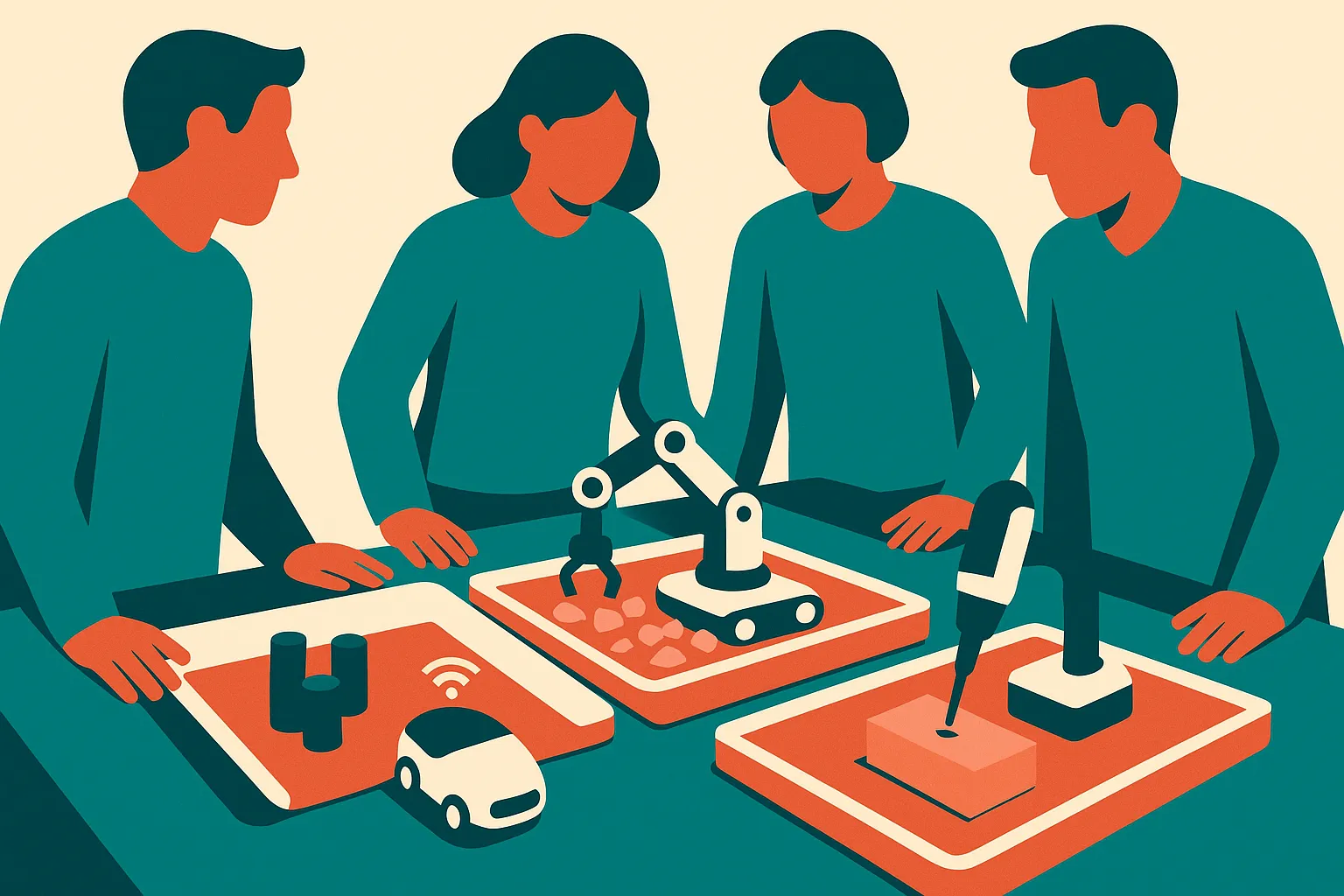 several human operators standing around a shared workbench while small autonomous tools move through staged task trays